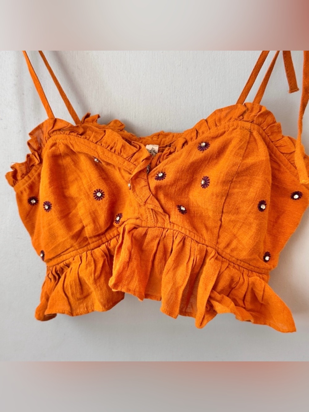 Free People Rust Orange Embroidered Tie-Shoulder Ruffle Crop Top - Picture 3 of 8